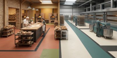 25 jaar ervaring in vloeren voor ambachtelijke en industriële bakkerijen Gesplitst beeld van een ambachtelijke bakkerij met houtoven aan de linkerkant en een grootschalige industriële bakkerij met productielijn aan de rechterkant