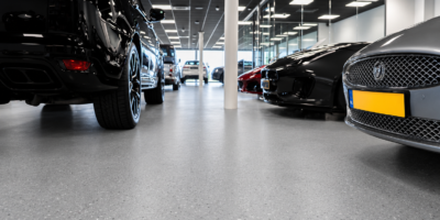 Gepolijste gestorte vloer tussen verschillende auto's in de showroom van Terlouw