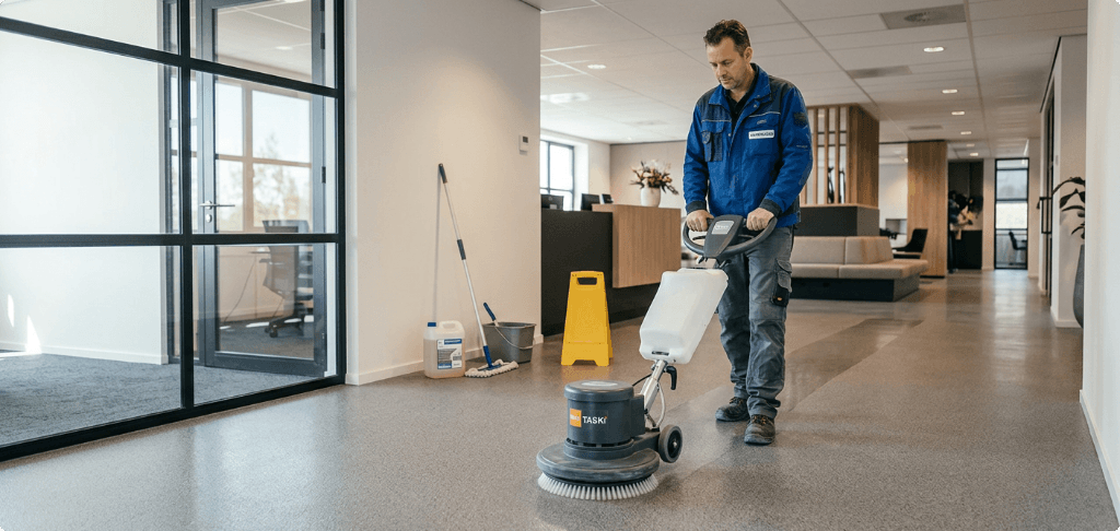 Onderhoud troffelvloer kosten Professionele reiniging van een troffelvloer met een eenschijfsmachine in een kantoor