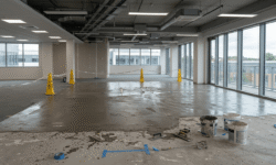Kantoorvloer in renovatie met een egalisatielaag