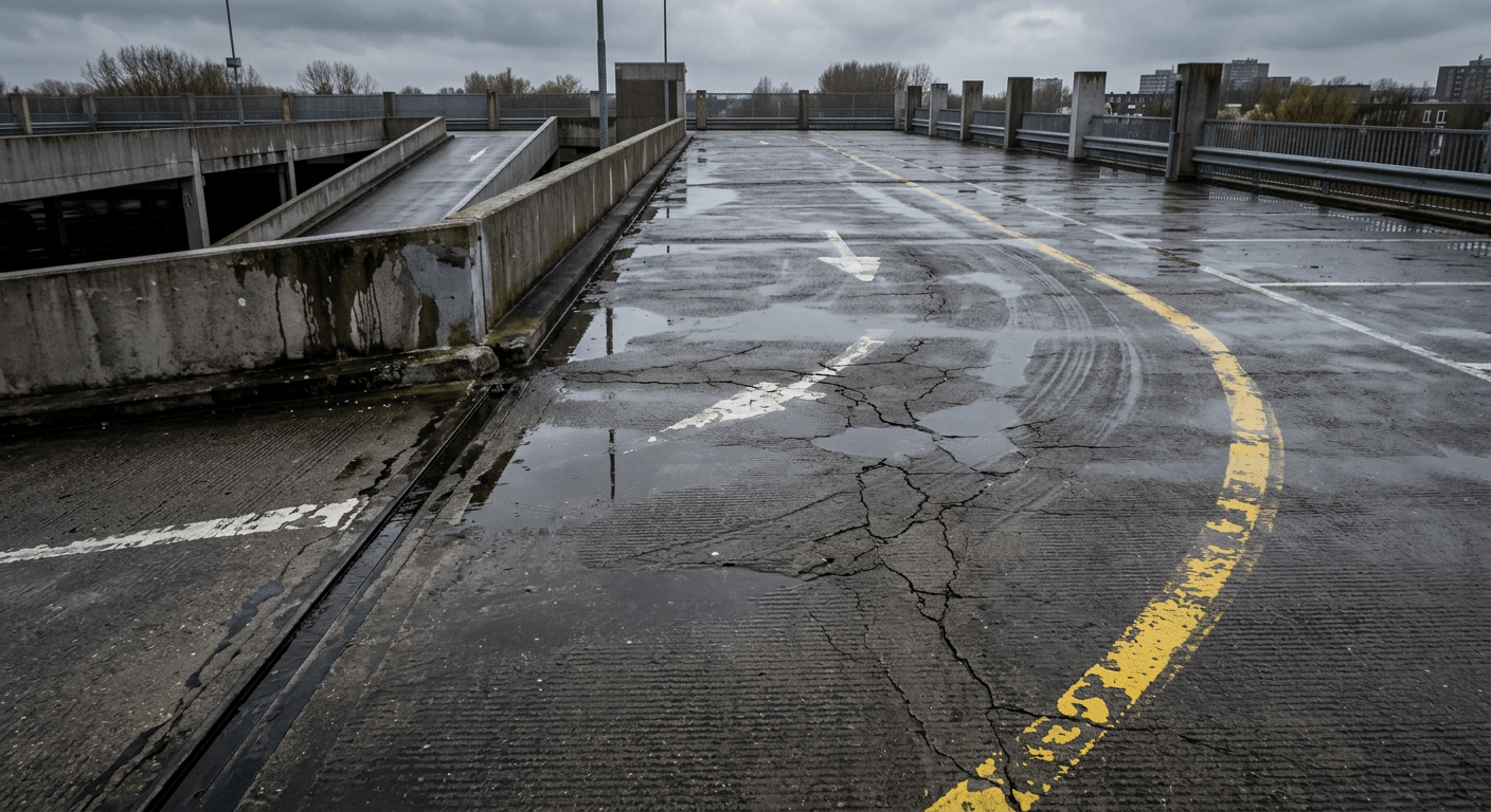 Beschadigd parkeerdek met loslatende coating en vervaagde belijning