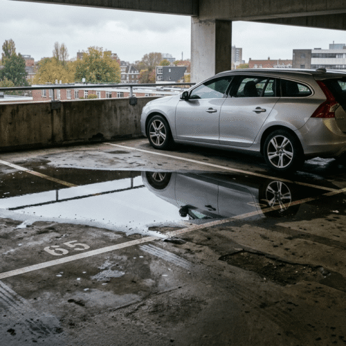 Afwatering parkeerdek Plas water op een parkeerdek door slechte afwatering