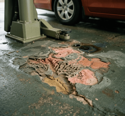Carwash vloer aangetast door reinigingsmiddelen, een reden om de vloer te renoveren