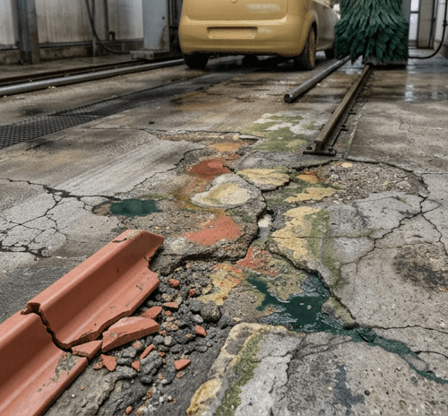 Scheuren in de betonvloer van een carwash door water en chemie, tijd om de carwash vloer te renoveren