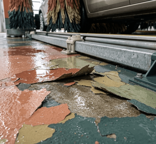 Coating laat los in een wasstraat door vocht, een carwash vloer die vervangen moet worden