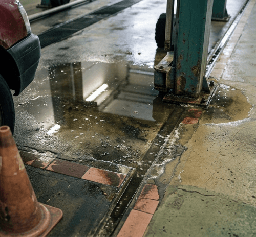 Plas water op een carwash vloer door slecht afschot