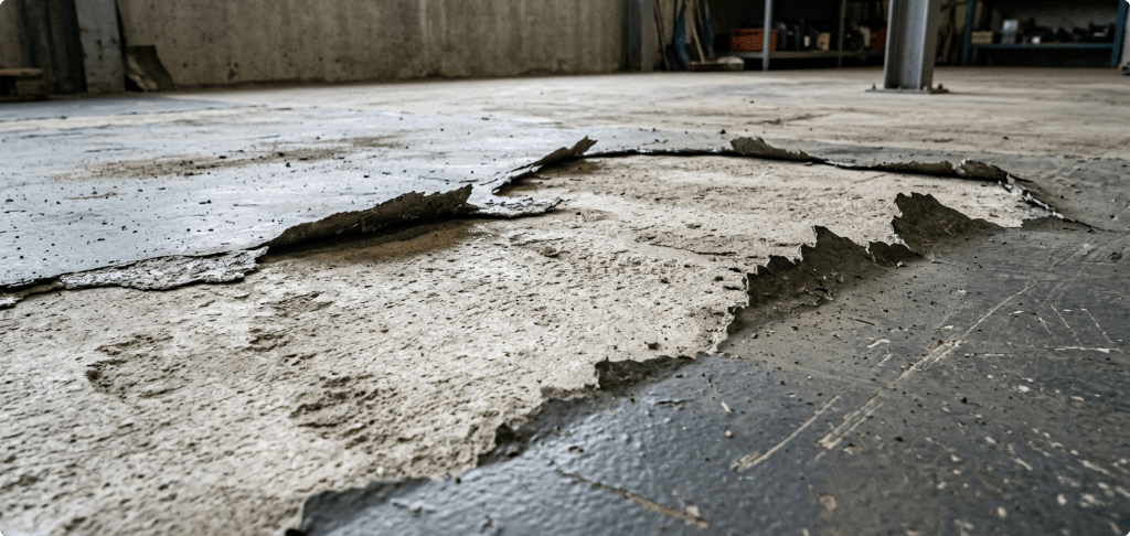 Loslatende coatingvloer met blaren en afbladderende lagen op beton