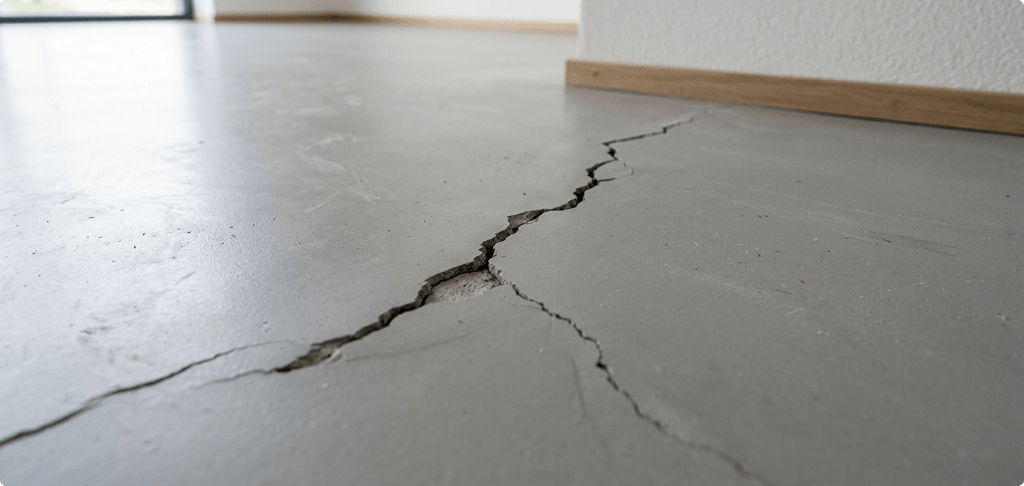 Dunne scheur in een naadloze gietvloer in een showroom