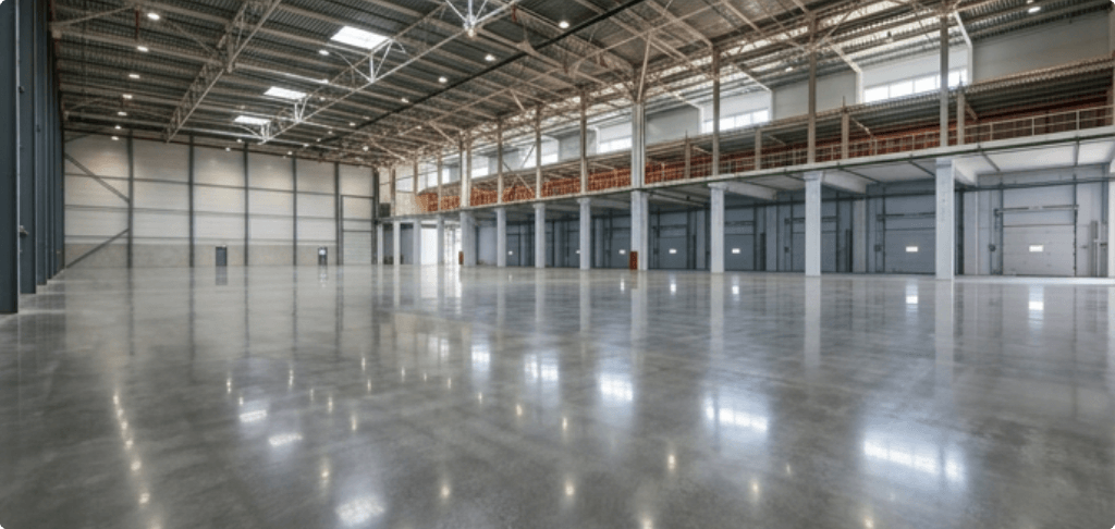 Gepolijste bedrijfsvloer in een logistiek centrum Leeg, groot logistiek centrum met een gepolijste betonvloer die het licht van de dakramen reflecteert