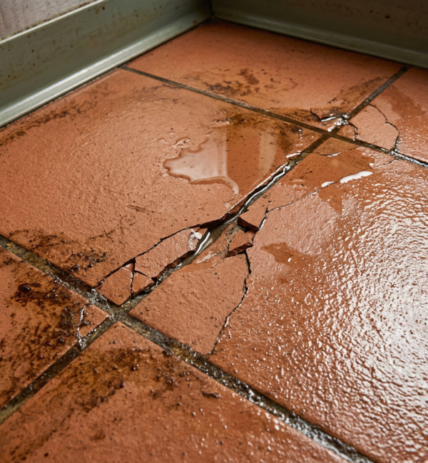 Terracotta gekleurde vloertegels in keuken met een gescheurde tegel op de kruising, vocht en vervuilde voegen