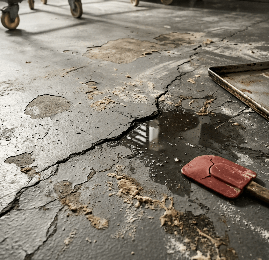 Gescheurde bakkerijvloer met vocht en slijtage Betonnen bakkerijvloer met een diepe scheur, plassen water en beschadigd oppervlak, met een rode deegschraper erop