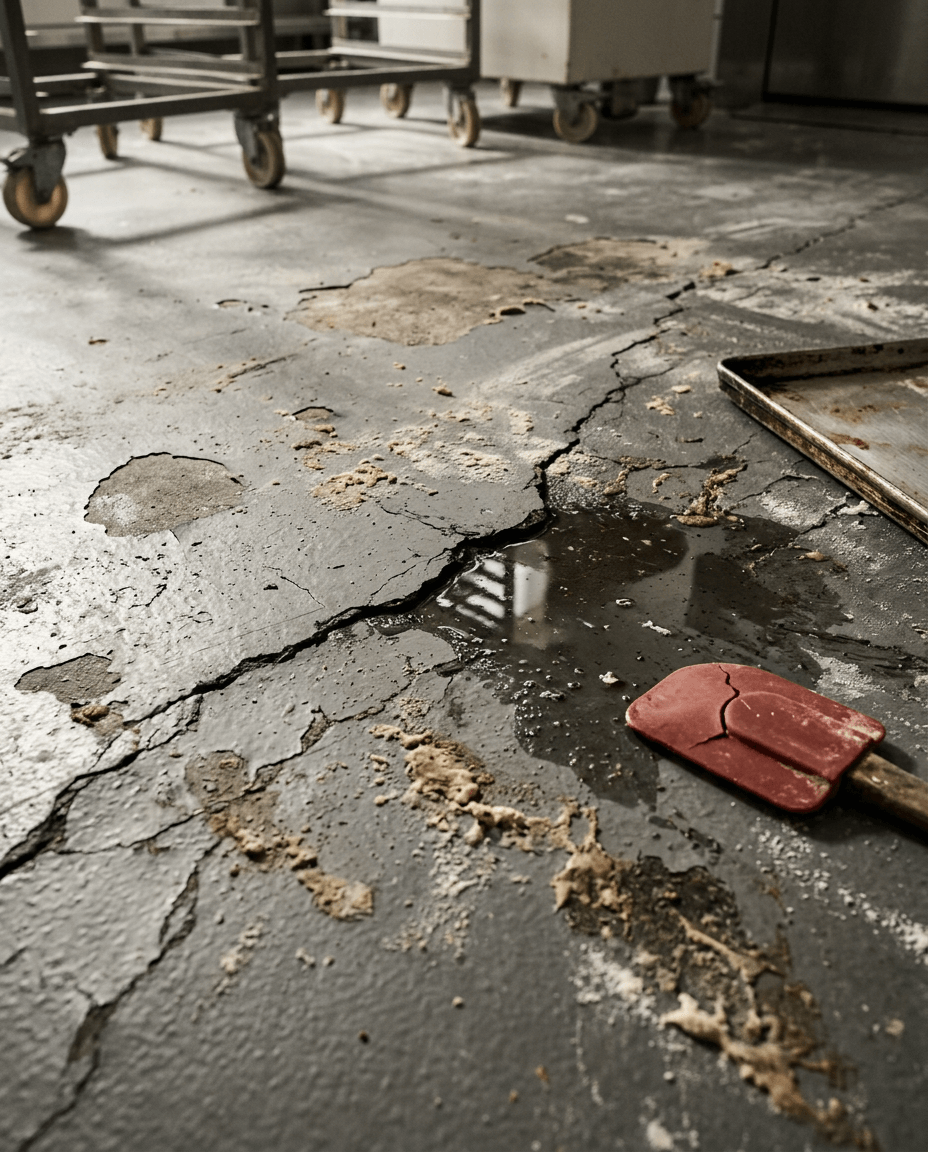 Scheuren en plassen water in een bakkerijvloer van beton, tijd om de bakkerijvloer te renoveren