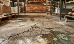 Verweerde betonvloer met scheuren in bakkerij Ruwe, gebarsten betonvloer in een bakkerij met meelresten, korrels en groene verkleuring, met broodrekken en oven op de achtergrond