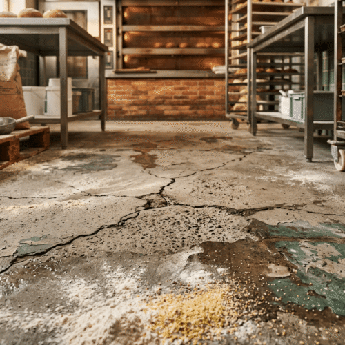 Scheuren in een betonvloer van een bakkerij, ondergrond voor een nieuwe bakkerijvloer