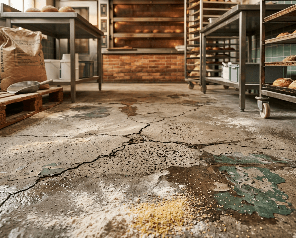 Betonvloer bakkerij renoveren Scheuren in een betonvloer van een bakkerij, ondergrond voor een nieuwe bakkerijvloer