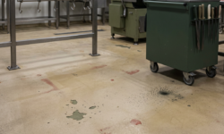 Beschadigde coatingvloer met loslating en verkleuring in vleesverwerkingsruimte