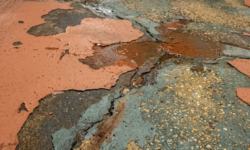 Delaminatie van coating op hellingbaan Close-up van loslatende coatinglagen op hellingbaan met scheuren en blootliggend beton.