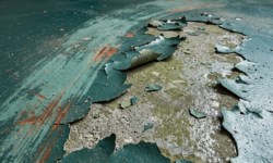 Grootschalig loslatende coating op industrievloer Groenblauwe vloercoating in industriehal die over een groot oppervlak loslaat en de betonnen ondergrond blootlegt, met roestvlekken en sleepsporen