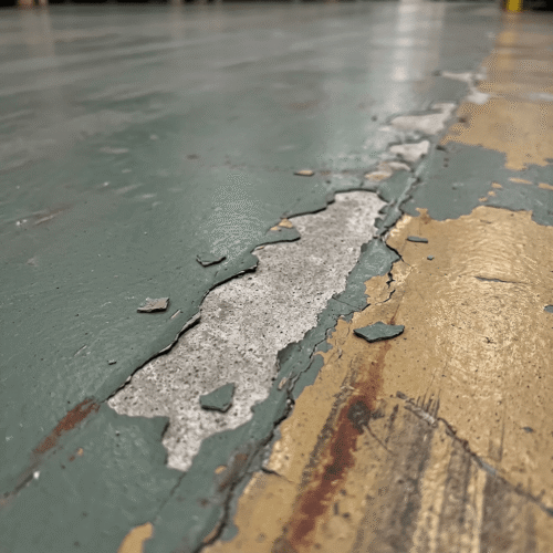 Coating laat los langs de stellingen in een magazijn