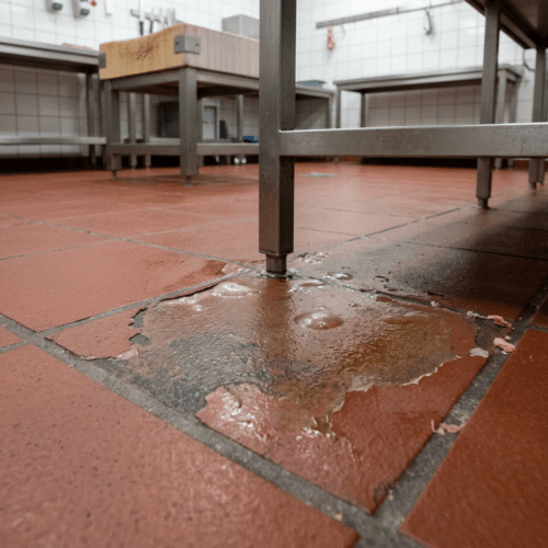 Coating slagerijvloer laat los Coating laat los op de vloer van een slagerij