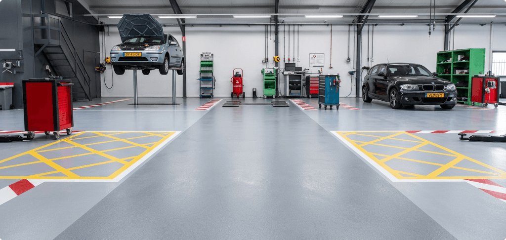 Professionele garagevloer met veiligheidsmarkeringen Overzicht van een garagewerkplaats met een gecoate grijze vloer, gele en rode veiligheidsmarkeringen, een auto op de brug en een tweede auto op de werkvloer