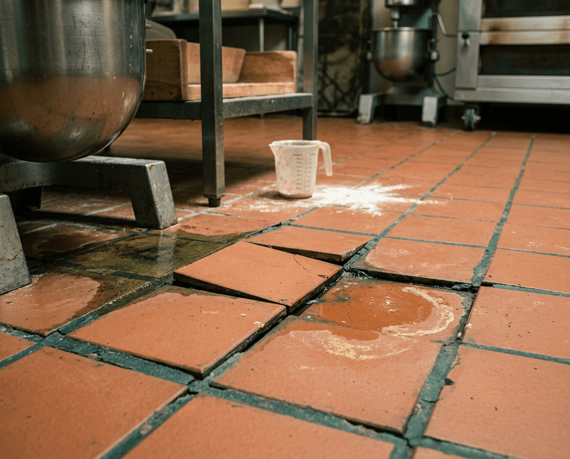 Tegelvloer bakkerij vervangen Losse tegels in een bakkerijvloer, een veelvoorkomende reden om de vloer te vervangen