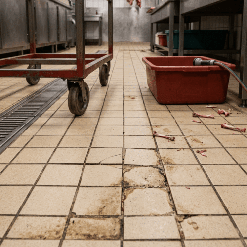 Voegen slagerijvloer Vervuilde voegen in de tegelvloer van een slagerij, een hygiënerisico