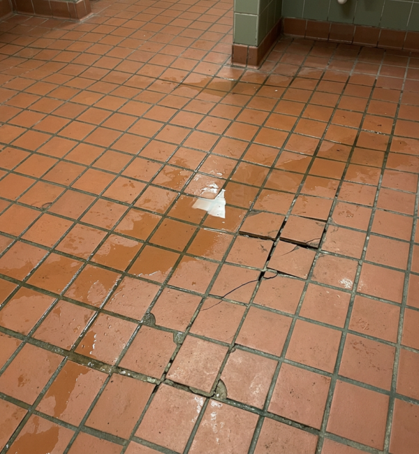 Gescheurde en natte tegelvloer in sanitaire ruimte Terracotta tegelvloer in sanitaire ruimte met gescheurde tegel, vocht en zeepresten tussen de voegen