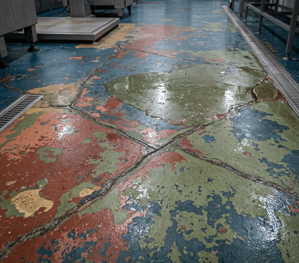 Natte vloer in vishandel met verweerde coating in blauw, groen, rood en geel, met scheuren en twee afvoergoten