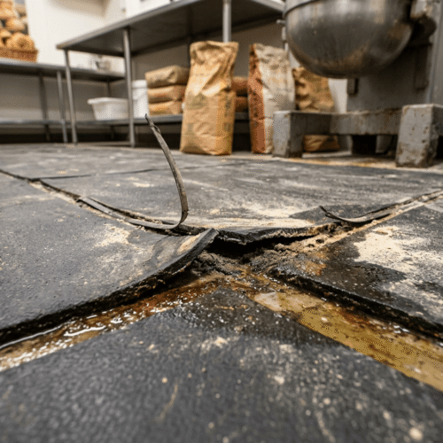 Rubbertegels in een bakkerij die bij de naden loslaten