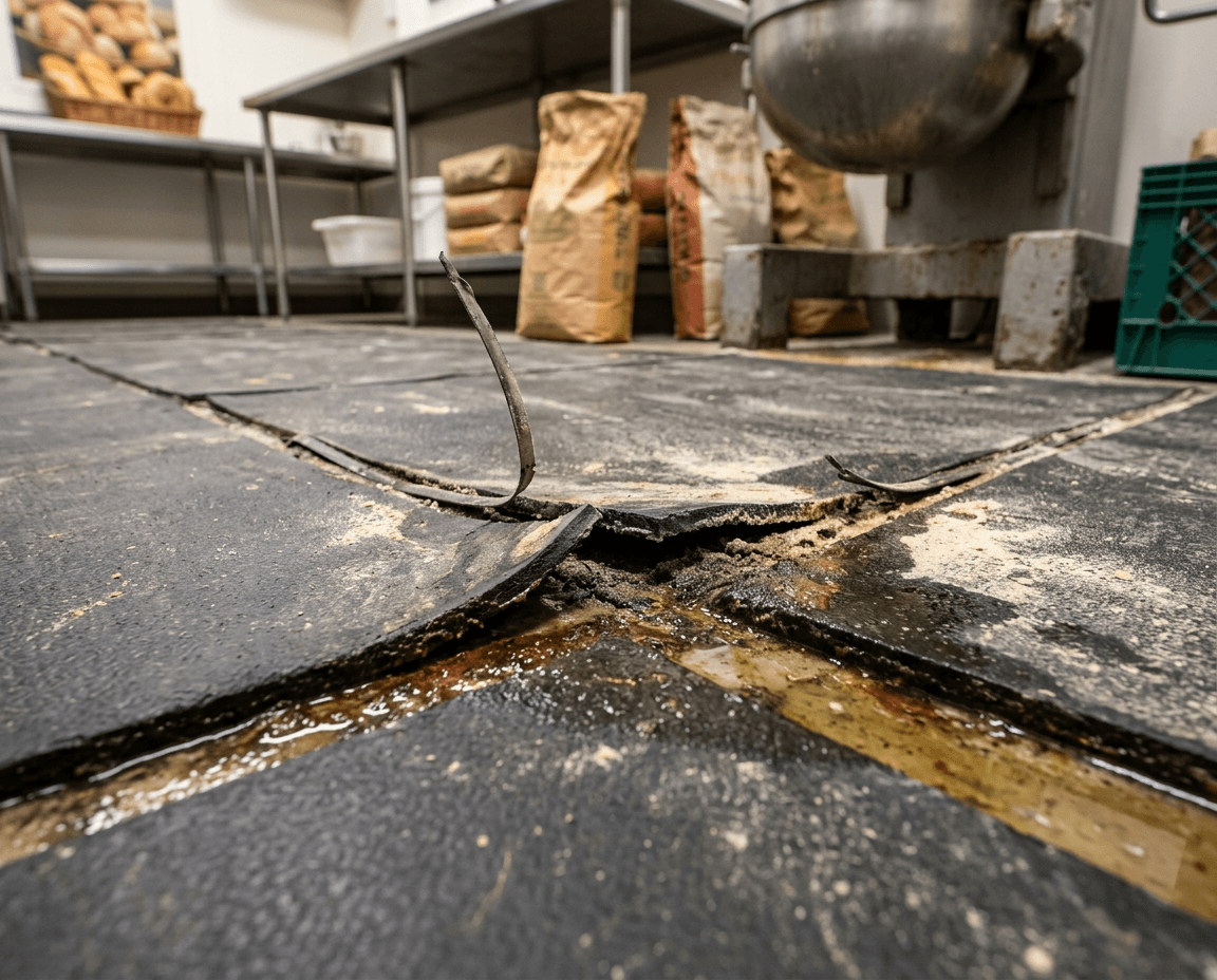 Rubbertegels bakkerij vervangen Rubbertegels in een bakkerij die bij de naden loslaten