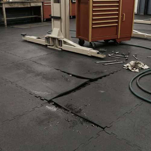 Rubbertegels met open naad in een garage