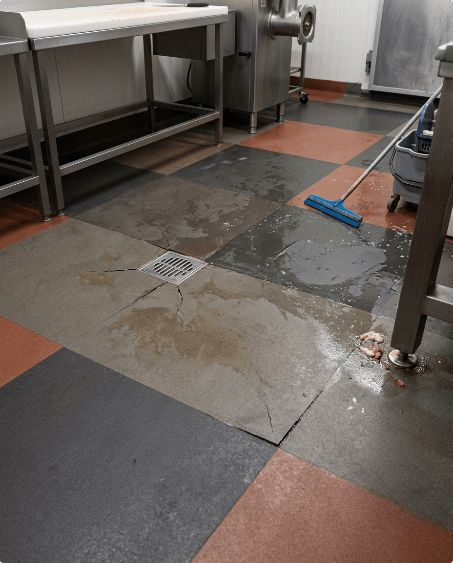 Beschadigde tegelvloer in een slagerij, tijd voor een nieuwe slagerijvloer