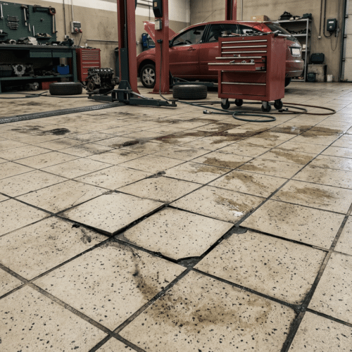 Losse tegel en olievlekken in een garagevloer