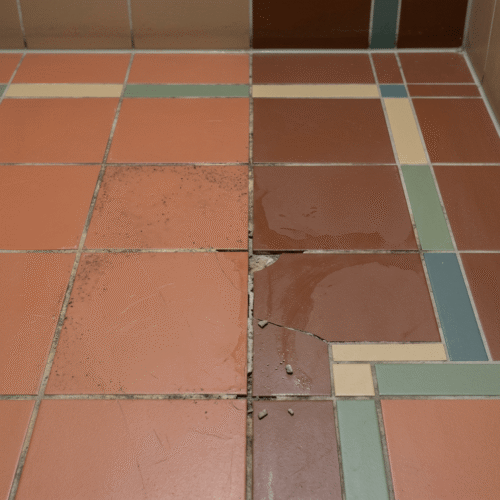 Vuile voegen in de tegelvloer van een sanitaire ruimte