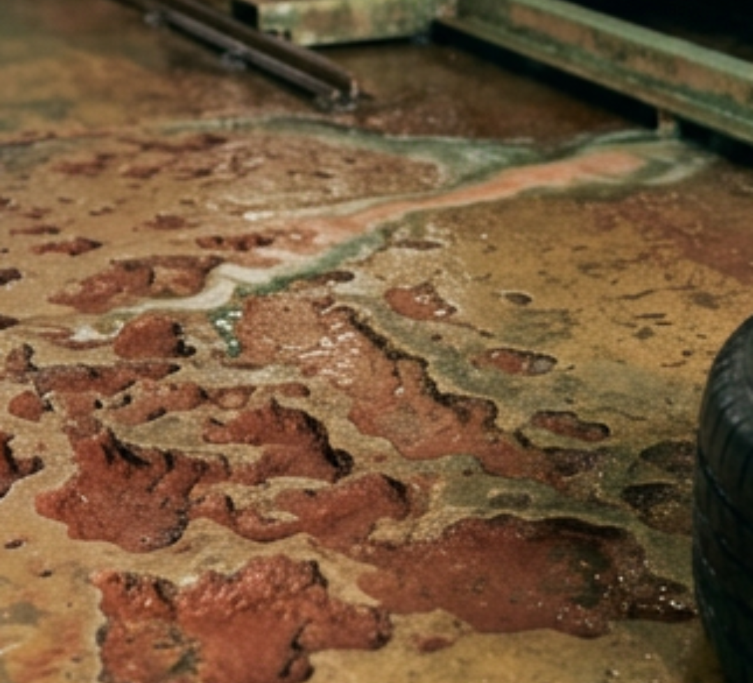 Uitgevreten cement in de wasstraat Close-up van een sterk uitgevreten betonvloer in een wasstraat met loszittend, verkleurd cement rond een wielborstelrail