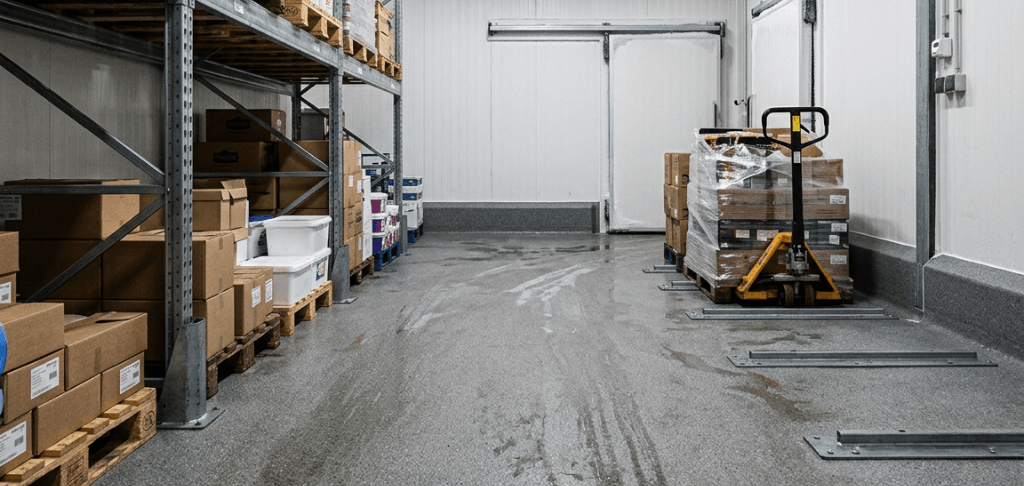 Problemen koelcelvloer Koelcelvloer met condens en natte sporen van een pompwagen tussen palletstellingen