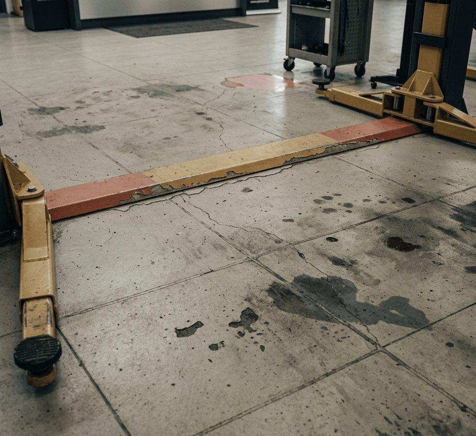 Versleten betonvloer met scheuren en olievlekken in een autowerkplaats
