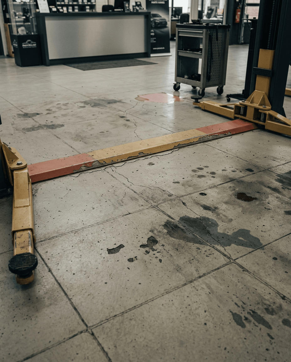 Scheuren en olievlekken in een garagevloer, tijd om de garagevloer te vervangen